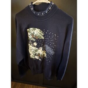 Vtg grandma Sweater Birds Size XL Snow Winter Morning Sun Turtleneck